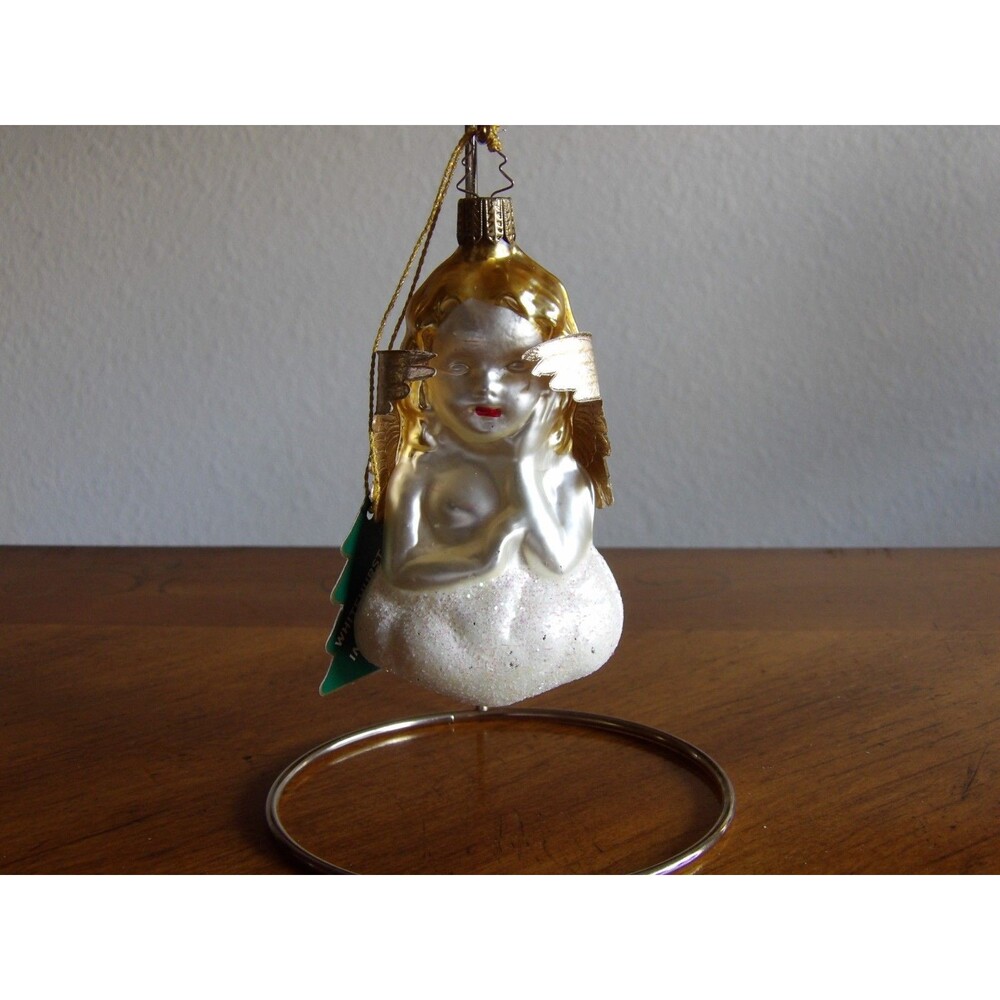 Whitehurst Blown Glass Angel Christmas Ornament Germany Cloud White Gold Glitter